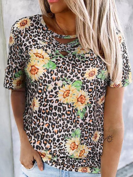

Boho Floral Animal Casual Loosen Cross Crew Neck Short Sleeve T-Shirt, Flower, T-Shirts