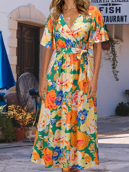 

Vacation floral Loosen V Neck Short Sleeve women Dress, Multicolor, Dresses