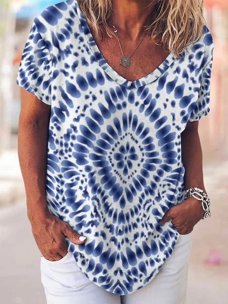 

Tie Dye Vintage Loosen Short Sleeve Top, Blue, T-shirts