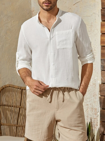 

Cotton Linen Style American Casual Basic Versatile Linen Shirt, White, Blouses&Shirts
