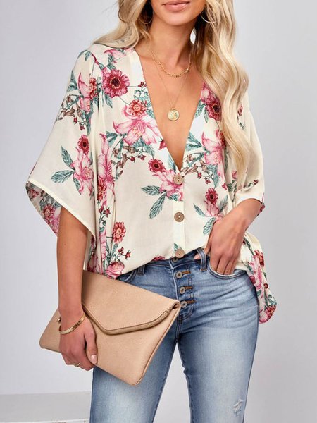 

Loosen V Neck Floral Short Sleeve Top, Apricot, Tops