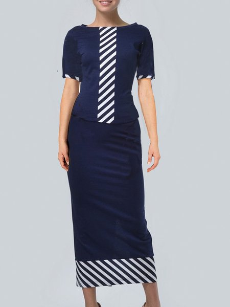 

Striped Simple Long Skirt, Blue, Maxi Skirts
