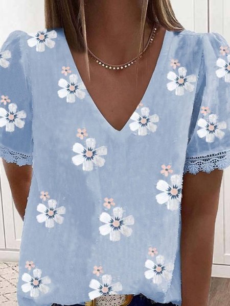 

V Neck Casual Short Sleeve Tops, Blue, Tops