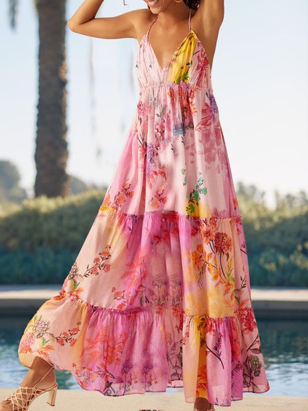 

Casual V Neck Floral Short Sleeve Woven Dress, Pink, Maxi Dresses