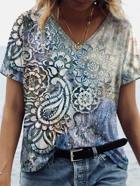 

Tribal Vintage V Neck Short Sleeve T-Shirt, Multicolor, T-Shirts
