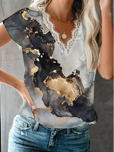 

Loosen Vacation Ombre Short Sleeve Tops, Black, T-Shirts