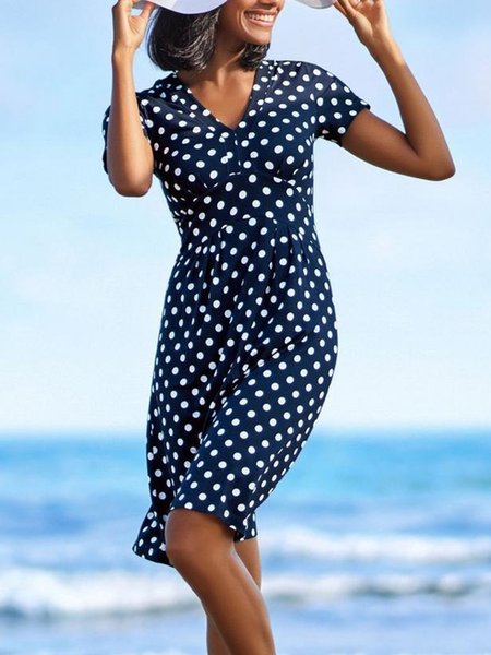 

Polka Dots Casual V Neck Short Sleeve A-line Dress, Deep blue, Mini Dresses
