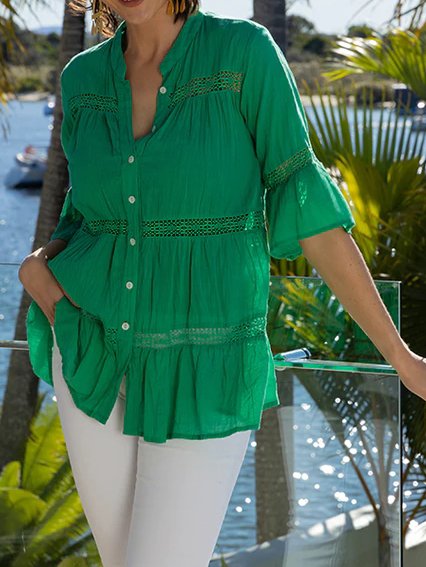 

Solid V Neck Lace Long Sleeve Blouse, Green, Blouses & Shirts