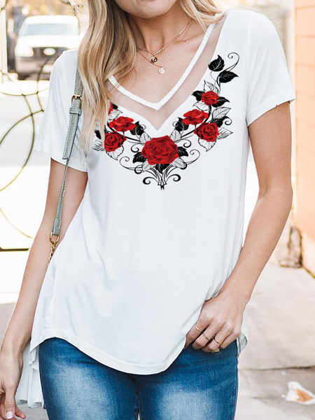 

Floral V Neck Short Sleeve Tops, White, Tees & T-shirts