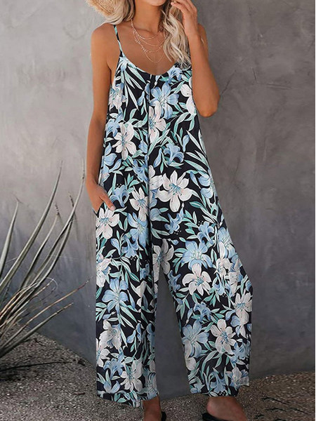 

Casual Floral Cotton Blends Jumpsuit & Romper, Multicolor, Jumpsuits＆Rompers