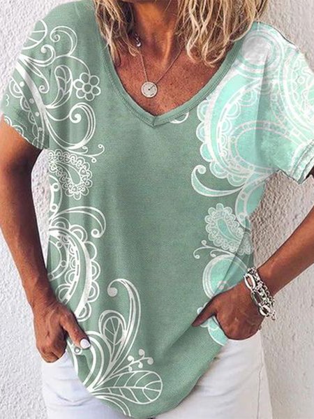 

Tribal V Neck Casual Short Sleeve T-Shirt, Green, T-Shirts