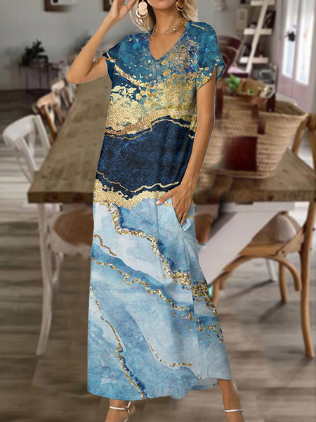 

Blue & Taupe Marble Short-Sleeve Pocket Maxi Dress Casual V Neck Short Sleeve Knit Dress, Dresses