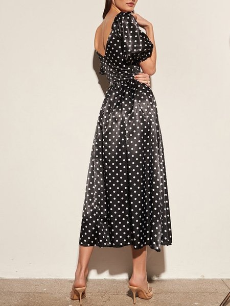 

Vacation Square Neck Polka Dots Short Sleeve Dress, Black, Maxi Dresses