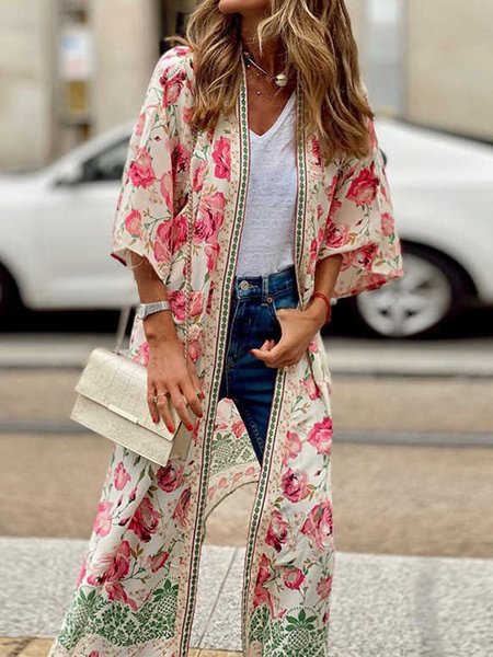 

3/4 Sleeves Floral Plus Size Casual Cardigan, Multicolor, Cardigans