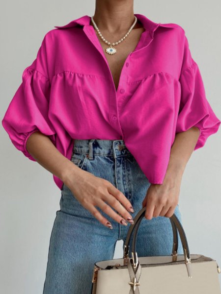 

Casual Shirt Collar Short Sleeve Blouse, Rose red, Blouses and Shirts