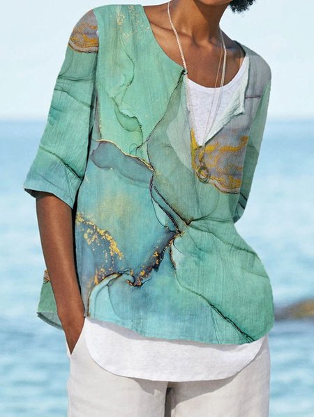 

Marble Texture Loosen V Neck Vacation Long Sleeve Tops, Green, Tunics
