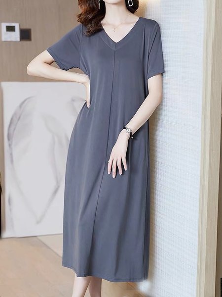 

V Neck Casual Short Sleeve Knit Dress, Gray, Midi Dresses