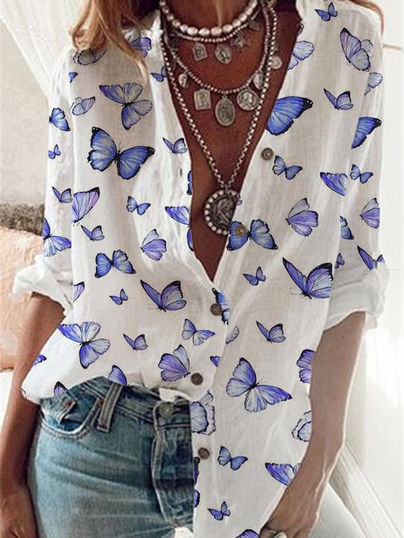 

Casual Butterfly Stand Collar Long Sleeve Loosen Blouse, White, Blouses & Shirts