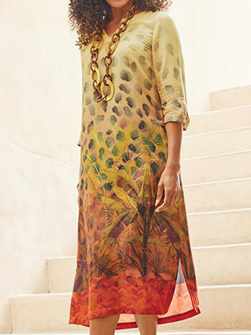 

Casual Landscape Print Slit Short Sleeve Woven Dress, Yellow, Midi Dresses