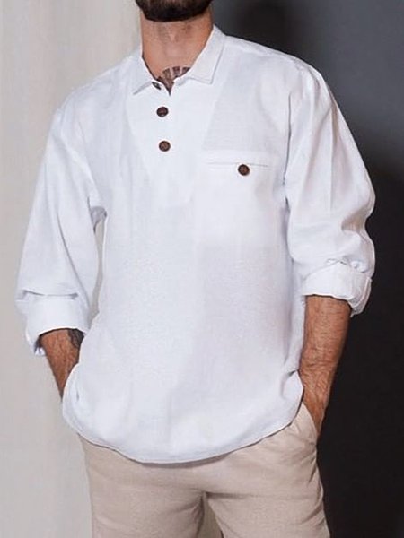

Men's Half Open Lapel Long Sleeve Shirt, White, Shirts ＆ Blouse