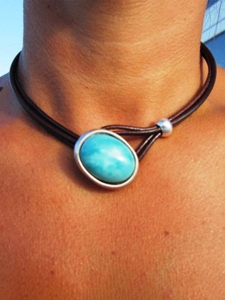 

JFN Vintage Leather Cord Turquoise Necklace, As picture, Necklaces