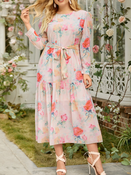 

Loosen Crew Neck Floral Short Sleeve women Dress, Pink, Dresses