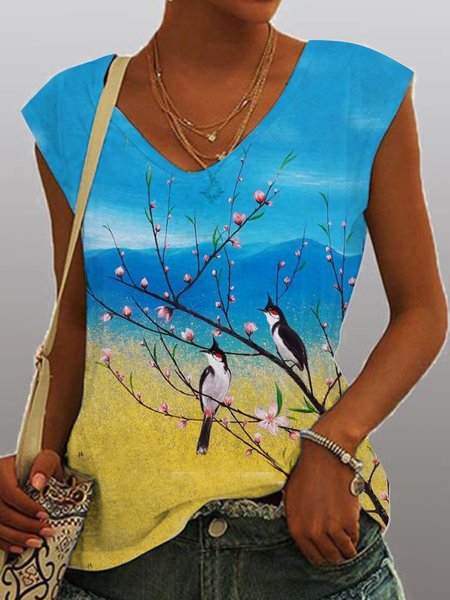 

Daily beach gradient flower foliage animal bird sparrow printed loose top T-shirt Plus Size, Multicolor, T-Shirts