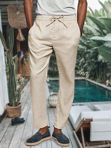 

Men's Cotton Linen Style Elastic Waist Casual Pants, Light khaki, Pants