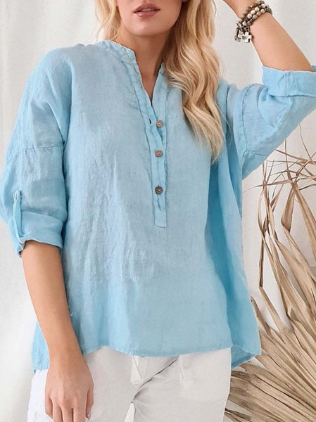 

Casual Loosen V Neck Long Sleeve Blouse, Blue, Blouses & Shirts