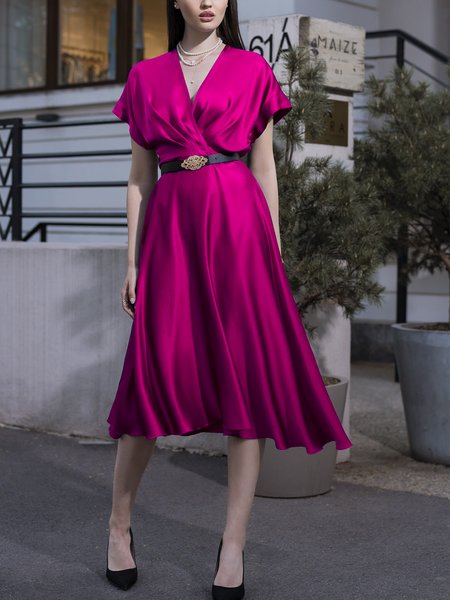 

Elegant Cross Front Regular Fit Short Sleeve Midi Dress, Rose red, Midi Dresses
