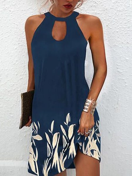

Casual Floral Halter A-line Sleeveless Dress, Blue, Mini Dresses