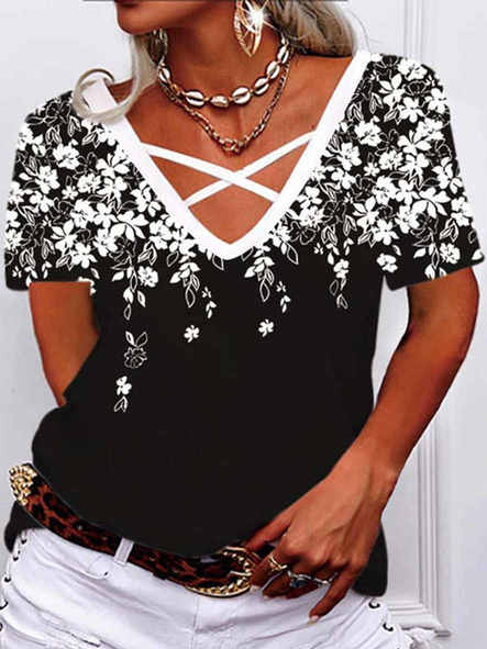 

Cotton Blends V Neck Floral Short Sleeve T-Shirt, Black-white, T-Shirts