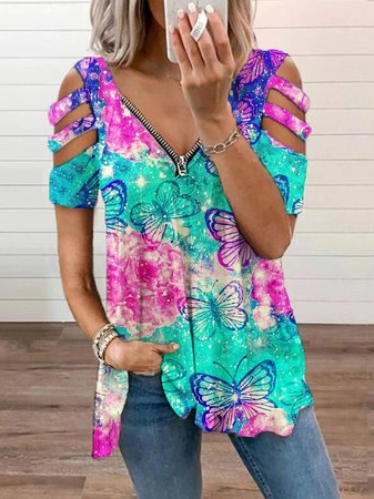 

Loosen Cotton Blends V Neck Short Sleeve Tops, Multicolor, T-Shirts