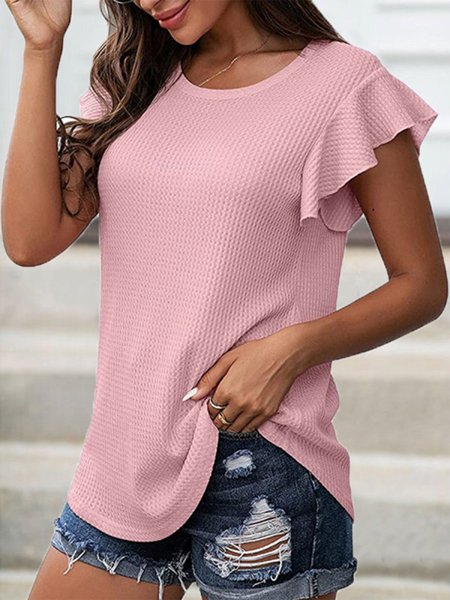

Waffle Casual Frill Sleeve Short Sleeve T-Shirt, Dark pink, T-Shirts
