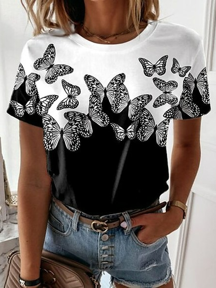 

Cotton Blends Butterfly Short Sleeve T-Shirt, Black-white, T-Shirts
