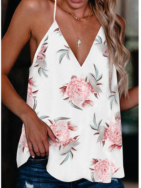 

Floral Casual V Neck Women Tank, White, Tanks & Camis