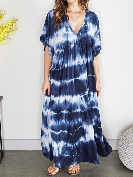 

Tie Dye V Neck Casual Short Sleeve Knit Dress, Blue, Dresses