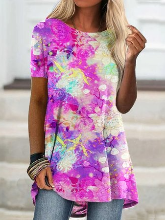 

Floral Loosen Cotton Blends Short Sleeve Tops, Multicolor, T-Shirts