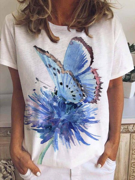 

Blue Butterfly and Blue Flower Women's Short Sleeve T-Shirt, As picture, T-shirts