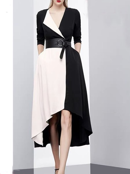 

Simple Color Block Short Sleeve Dress, White, Midi Dresses