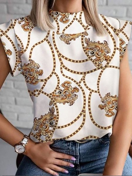 

Stand Collar Geometric Short Sleeve T-Shirt, White, Tees