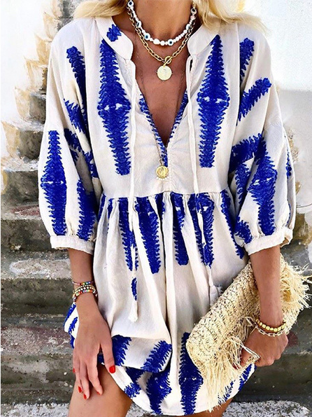 

Printed Casual Lace-Up Long Sleeve Woven Dress, Blue, Mini Dresses