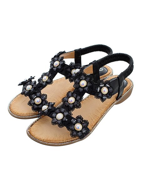 

Lace 3D Flower Pearl Design Elastic Sandals, Black, Sandals