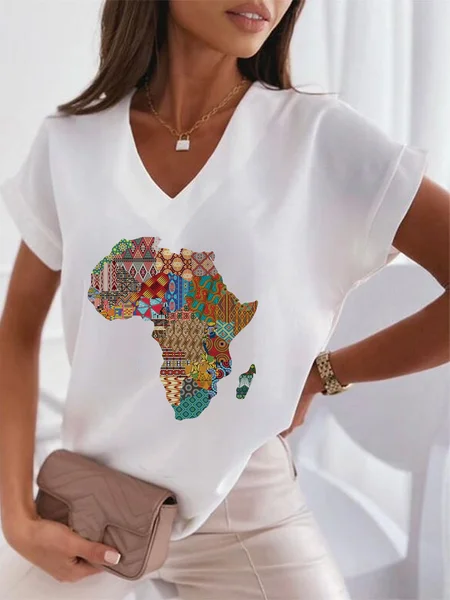 

Map Loosen Tribal Cotton Blends Casual V Neck Short Sleeve Tops, White, T-Shirts