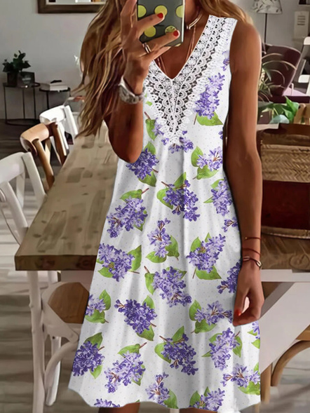

Floral V Neck Vacation Sleeveless Knit Dress, White, Dresses