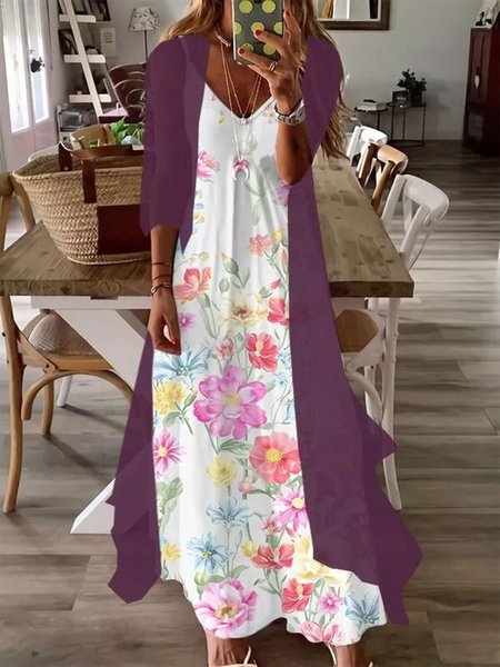 

3/4 Sleeves Floral V Neck Plus Size Casual Two Piece Dress With Coat, Multicolor, Maxi Dresses