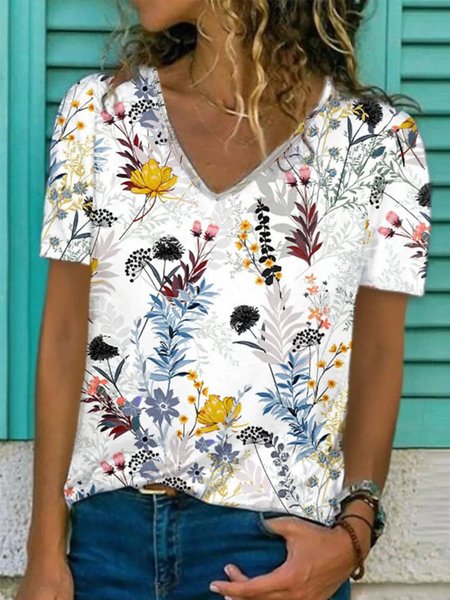

V Neck Casual Short Sleeve T-Shirt, White, T-Shirts
