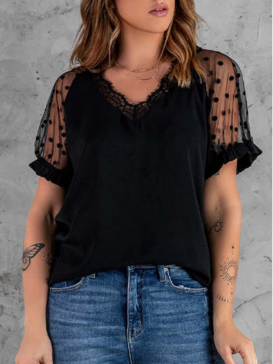 

Casual Loosen V Neck Short Sleeve Tops, Black, T-Shirts