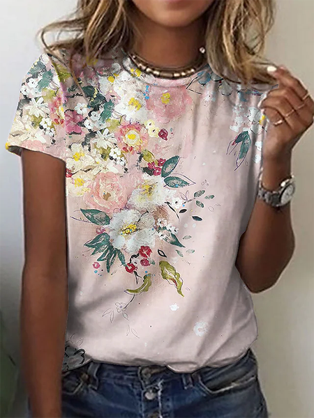 

Floral Crew Neck Casual Short Sleeve T-Shirt, As picture, T-Shirts