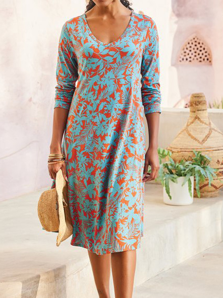 

U-Neck Loosen Floral Long Sleeve Knit Dress, Blue, Midi Dresses